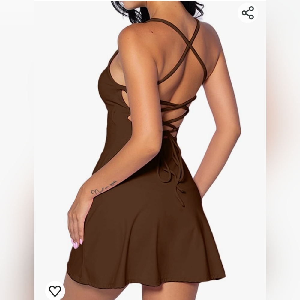 Brown Lace-Up Backless Athletic Dress with Crossback Straps and Separate Shorts
